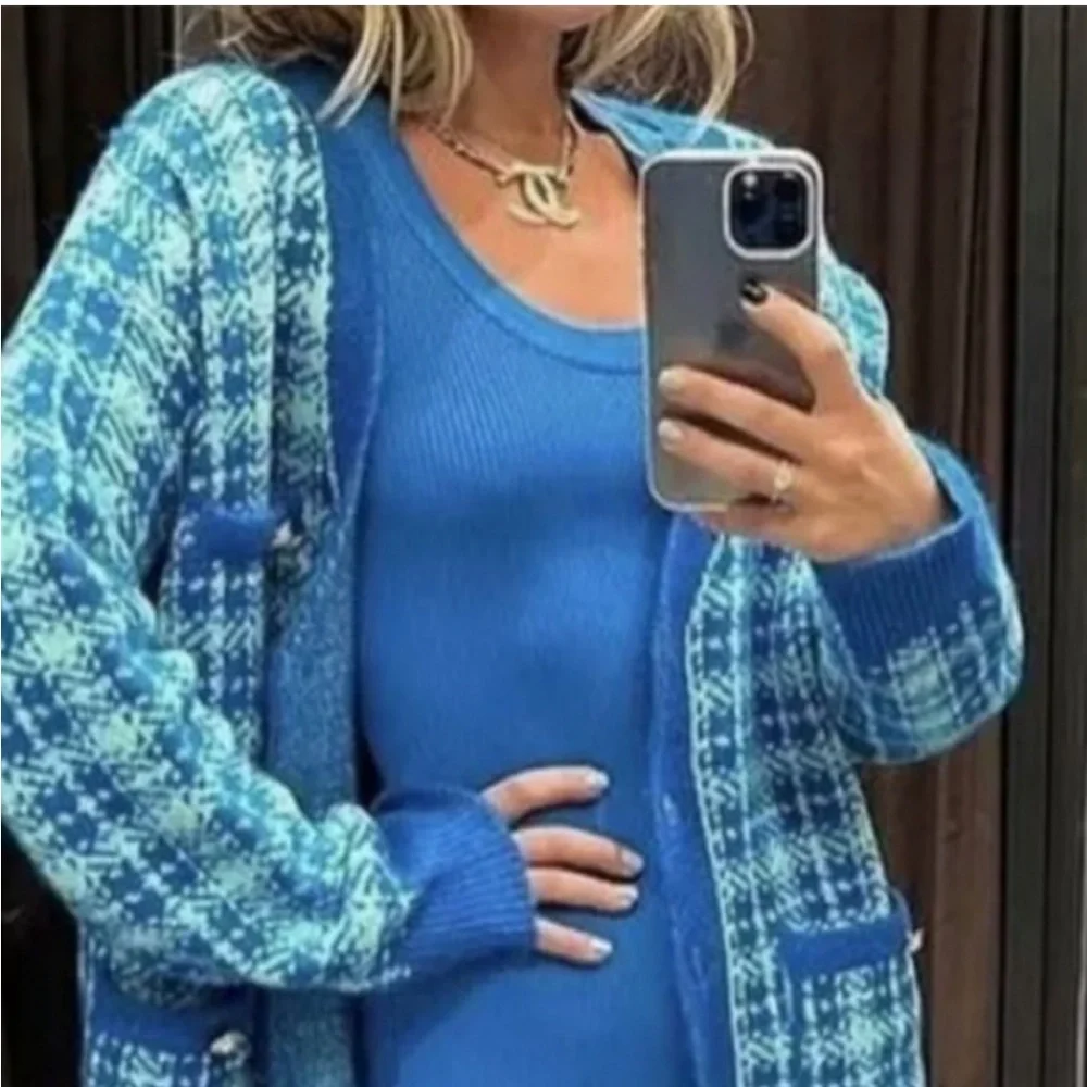 New Zara Blue Plaid Knit Long Cardigan/Jacket - Picture 5 of 7